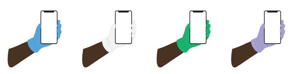 Mobile phone in a male hand, a hand in a medical, rubber glove, different skin tone, collage