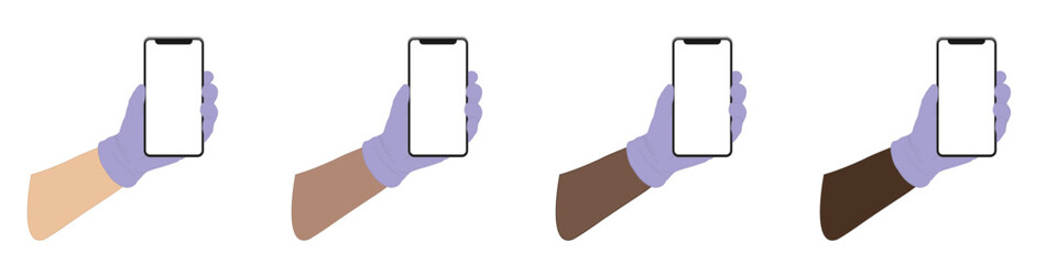 Mobile phone in a male hand, a hand in a medical, rubber glove, different skin tone, collage