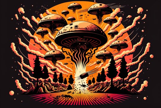 Attack artwork of UFOs in a contemporary style. acceptable for use on t shirts, prints, and other garments. Generative AI