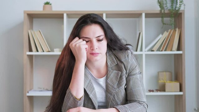 Tired student. E-learning conference. Boring education. Exhausted drowsy lazy woman nodding falling asleep listening lesson in virtual class. Long video shot.