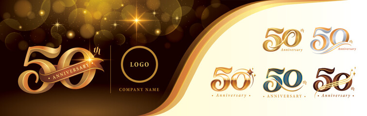Set of 50th Anniversary logotype design, Fifty years anniversary celebration Logo, Golden Luxury and Retro Serif Number 50 Letters - obrazy, fototapety, plakaty