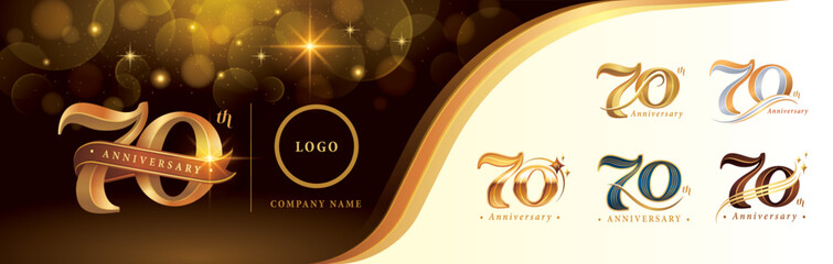 Set of 70th Anniversary logotype design, Seventy years anniversary celebration Logo, Golden Luxury and Retro Serif Number 70 Letters