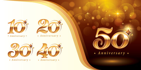 Set of 10 to 50 years Anniversary logotype design, Ten to Fifty years Celebrating Anniversary Logo, Golden Elegant Classic Logo with Star,
