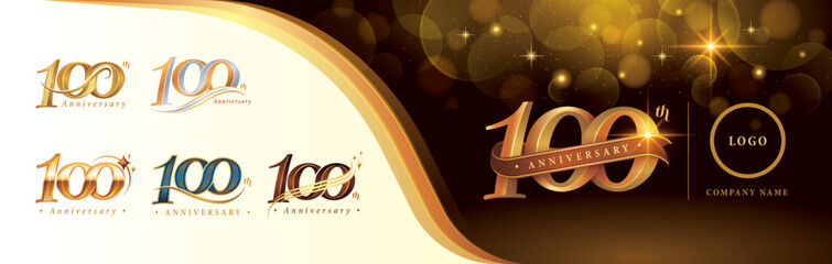 Set of 100th Anniversary logotype design, Hundred years anniversary celebration Logo, Golden Luxury and Retro Serif Number 100 Letters - obrazy, fototapety, plakaty