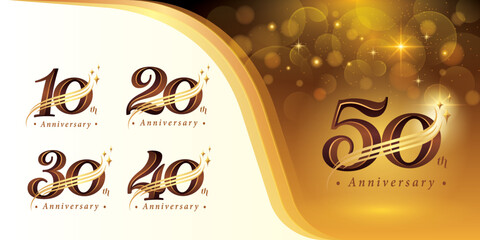 Set of 10 to 50 years Anniversary logotype design, Ten to Fifty years Celebrating Anniversary Logo, Gold curved lines Star Elegant Classic Logo,