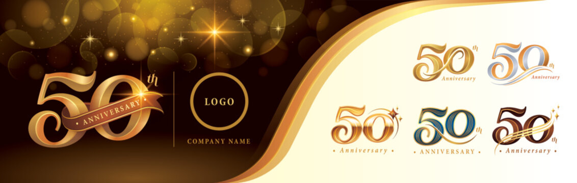 Set of 50th Anniversary logotype design, Fifty years anniversary celebration Logo, Golden Luxury and Retro Serif Number 50 Letters