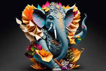Origami of Indian God Ganesh in colorful flowers craft. Generative AI - obrazy, fototapety, plakaty