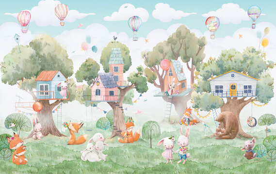 Childish Watercolor Illustration With Animals And Balloons. Can Be Used For Wallpapers, Postcards,