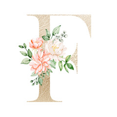 Floral alphabet, gold letter F with watercolor flowers and leaf. Monogram initials perfectly for wedding invitations, greeting card, logo, poster and other design. Hand painting.