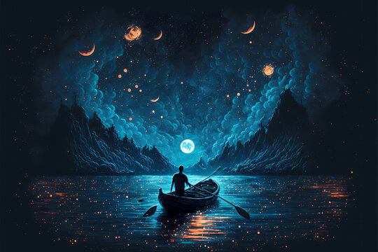 A man rows a boat on a lake at night while numerous glowing moons float on the water, illustration digital generative ai design art style