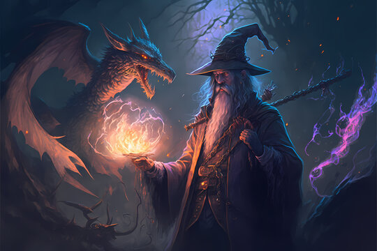 Premium Photo  Black wizard with a magic wand summoning the dragon digital  art style illustration painting fantasy concept of a wizard with the dragon