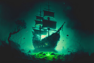Obraz premium undead pirate ship in the sea ocean, black white green background, at night, storm water waves, digital illustration ai art style