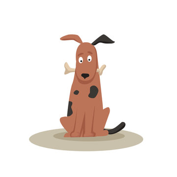 Vector cartoon illustration. Cute happy dog holding a bone