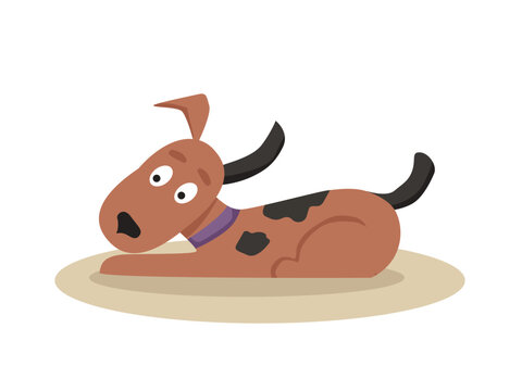 Vector cartoon illustration. Cute happy dog is lying