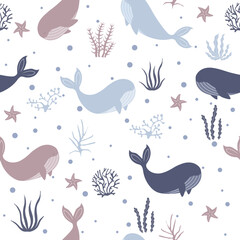 Seamless pattern with cute whale, stars and seaweed
