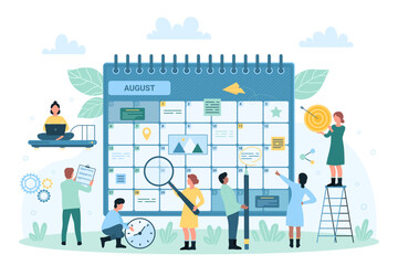 Business project planning vector illustration. Cartoon tiny people looking at calendar through magnifying glass, holding pencil to mark in planner important date or event, appointments or daily tasks