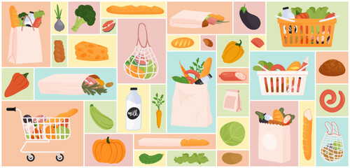Cartoon healthy fruit and vegetables, basket from retail shop and supermarket trolley full of purchases, paper bags, food products in geometric collage background. Grocery set vector illustration.