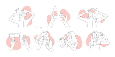 Hair care routine at home, of line icons vector illustration. Hand drawn outline girls wash hair with shampoo and conditioner, wipe with towel and dry with hairdryer and comb, apply spray treatment