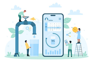 Drink water mobile app vector illustration. Cartoon tiny people holding faucet valve to fill glass with clean water, control daily hydration with calendar planner and data chart on phone screen