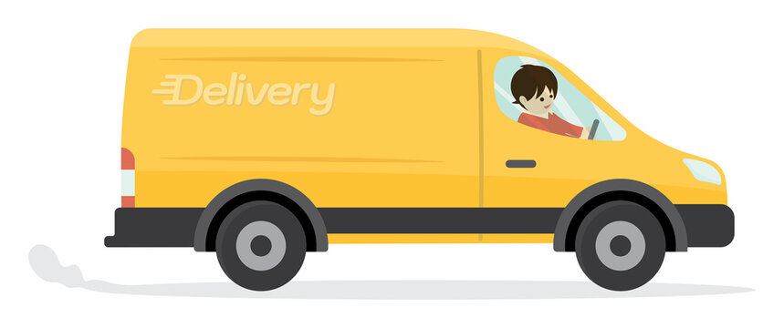 Delivery truck van with courier cartoon isolated. Illustration of yellow truck delivery flat design.