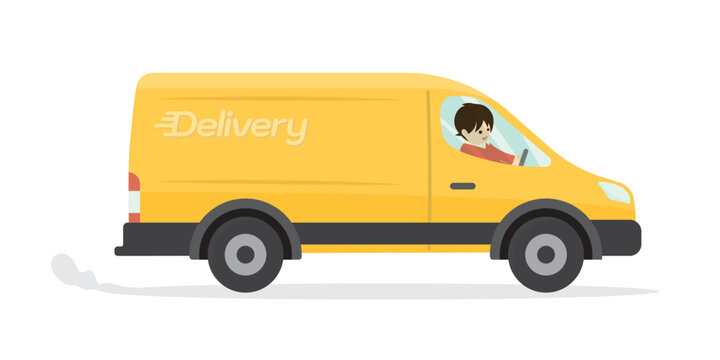 Delivery truck van with courier cartoon isolated on white background. Vector illustration of yellow truck delivery flat design.