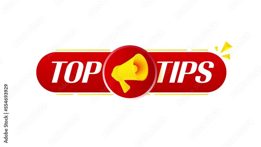 Aufkleber megaphone with top tips banner on white background. web design. 4k video animation