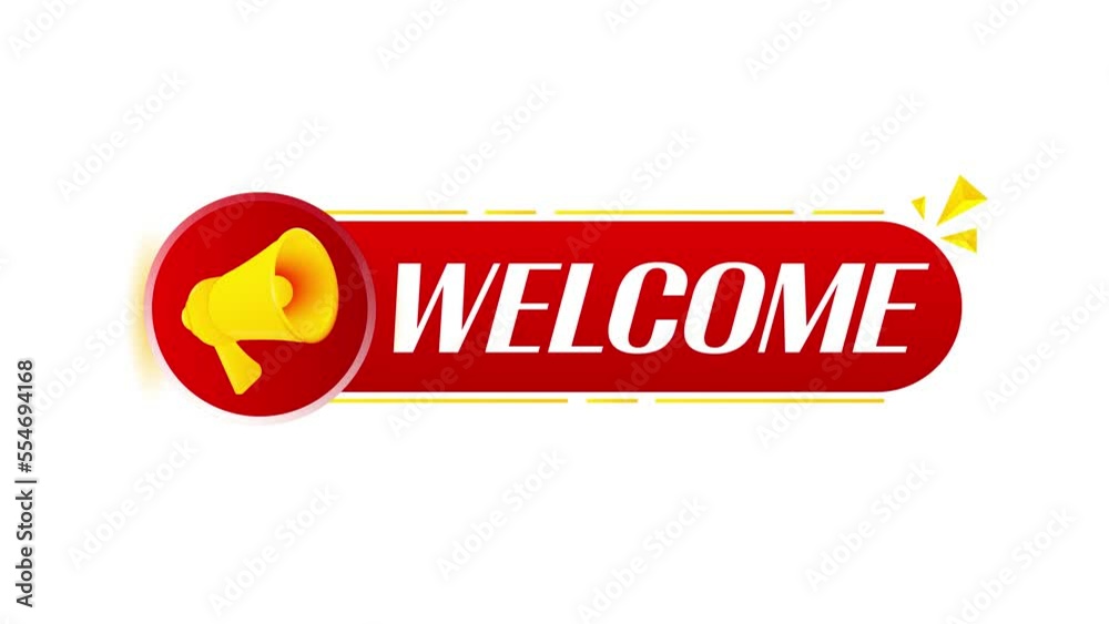 Poster Megaphone with welcome banner on white background. Web design. 4K video animation
