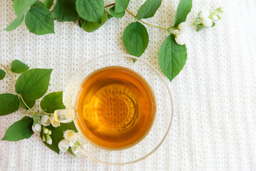 cup of herbal tea with jasmine flowers	