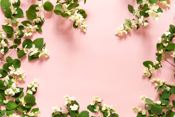 Beautiful flower arrangement. Jasmine flowers, free space for text on a light pastel background. Wedding, birthday. Valentine's day, mother's day. Top view, copy space