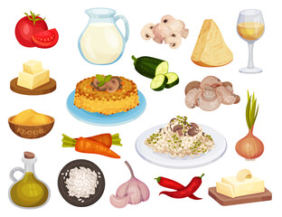 Polenta and Mushroom Risotto with Ingredients Big Vector Set