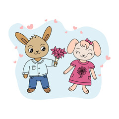 Couple of rabbits. Bouquet of the flowers. Cartoon bunnies illustration. Animal characters. Cute rabbit love