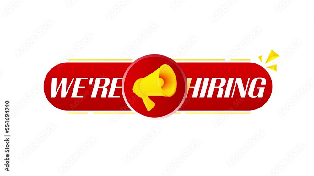 Aufkleber megaphone with we're hiring banner on white background. web design. 4k video animation