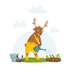 Obraz na płótnie Canvas The concept of a deer watering flowers. Vector illustration of plant care. Vegetable garden. Garden. Gardening.