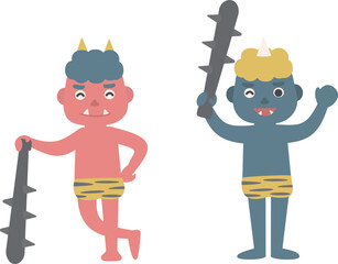 ポーズをとる可愛い赤鬼と青鬼