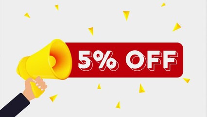 Man holding megaphone and word 5 percent off near chalkboard. Sale concept. 4K video animation