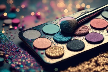 illustration of cosmetic palette with glitter glow eyeshadow color - obrazy, fototapety, plakaty