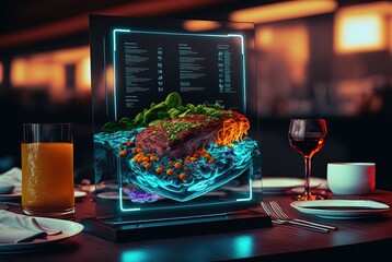 illustration of futuristic restaurant with hologram or smart panel interface for customer to use - obrazy, fototapety, plakaty