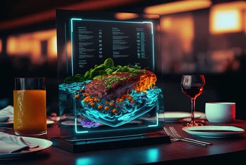 Keuken spatwand met foto illustration of futuristic restaurant with hologram or smart panel interface for customer to use © QuietWord