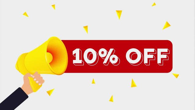 Man holding megaphone and word 10 percent off near chalkboard. Sale concept. 4K video animation