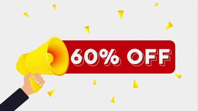 Man holding megaphone and word 60 percent off near chalkboard. Sale concept. 4K video animation