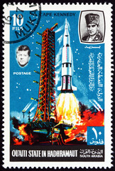 Postage stamp South Yemen 1967 Saturn V and Apollo start