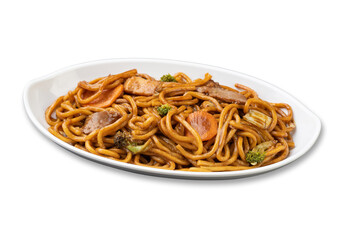 Yakisoba, traditional asian pasta with noodles, meat and vegetables isolated over white background