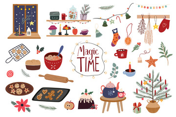 Magic time Christmas winter elements collection isolated on white, Christmas sweets preparation, hot drinks, Christmas tree, seasonal design
