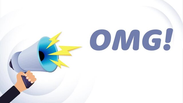 Hand hold megaphone. Omg, realistic 3d megaphone, loudspeaker with lightning. Symbols speaker, social media, advertising and promotion. 4K video animation