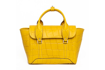 yellow leather top handle bag for women isolated on white background. Front view of handmade...