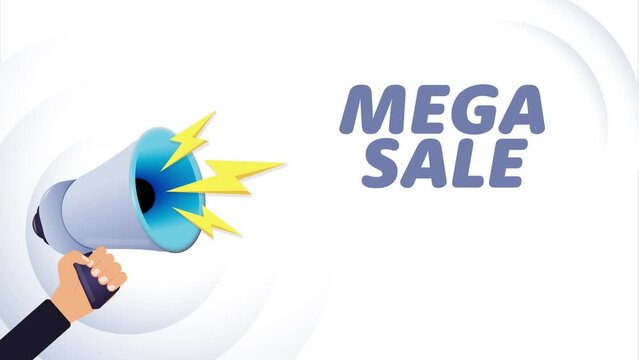 Hand hold megaphone. Mega sale, realistic 3d megaphone, loudspeaker with lightning. Symbols speaker, social media, advertising and promotion. 4K video animation