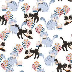 Cute Party Cat Birthday theme  seamless pattern Vector illustration