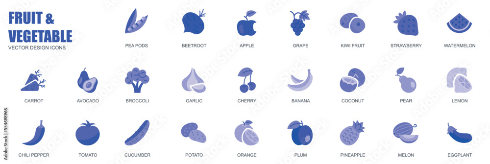 Poster Fruit and vegetable concept of web icons set in simple flat design. Pack of beetroot, apple, grape, kiwi, strawberry, carrot, avocado, cherry, banana and other. Vector blue pictograms for mobile app