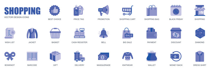Shopping concept of web icons set in simple flat design. Pack of best choice, price tag, promotion, cart, bag, black friday, wish list, discount, sale and other. Vector blue pictograms for mobile app