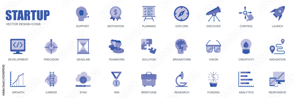 Poster startup concept of web icons set in simple flat design. pack of support, motivation, planning, launc